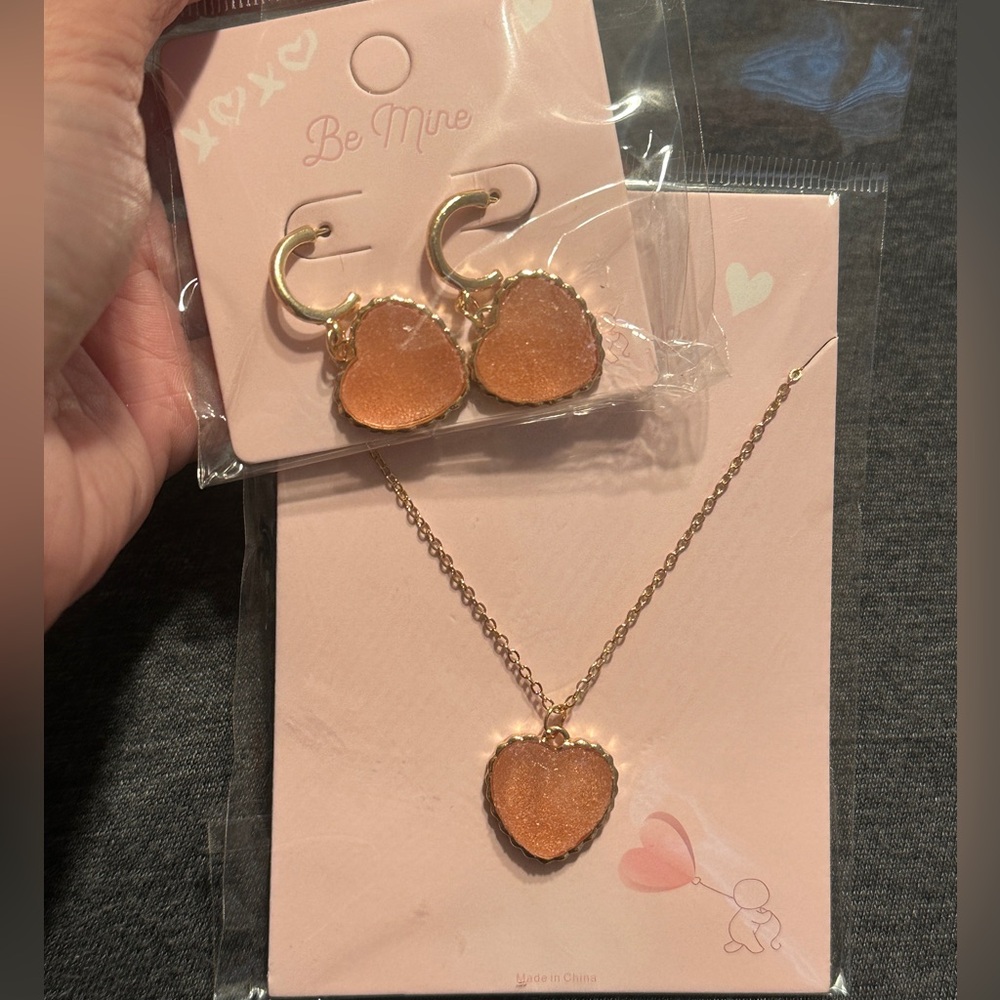 Be Mine Gold-Tone Peach Candy Heart Necklace and Hoop Earrings Set